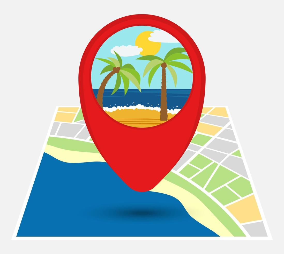 Map of an imaginary city with point on the map with sandy beach. Vector illustration.