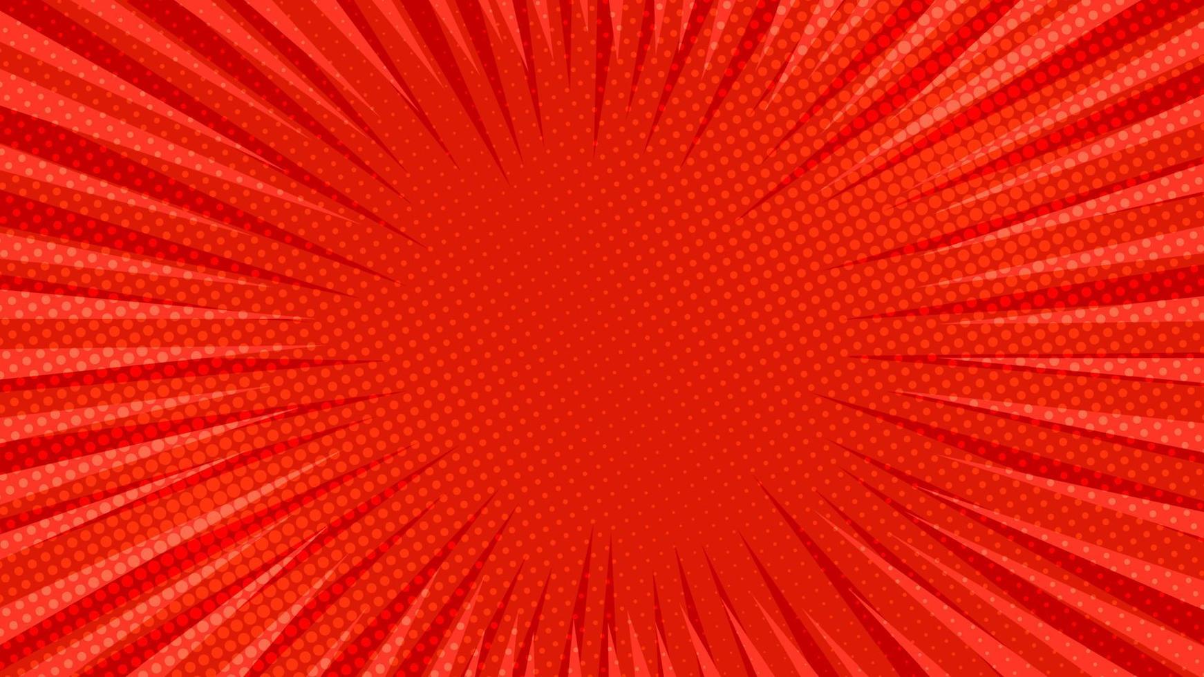 Red comic book page background in pop art style with empty space. Template with rays, dots and halftone effect texture. Vector illustration