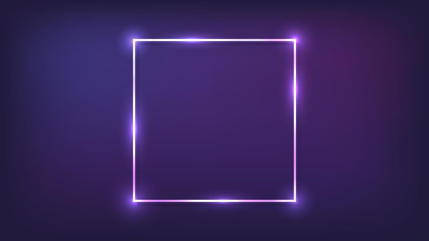 Neon square frame with shining effects on dark background. Empty glowing techno backdrop. Vector illustration.