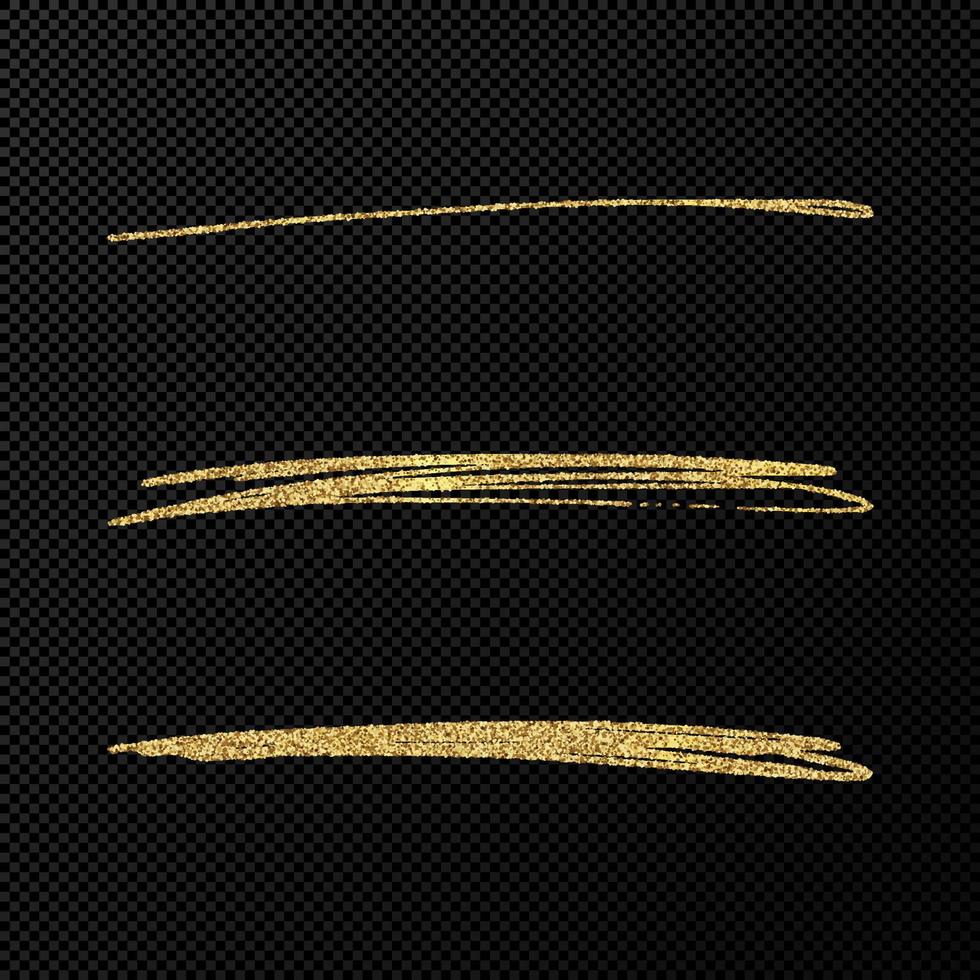 Abstract shiny confetti glittering waves. Set of three hand drawn brush golden strokes vector