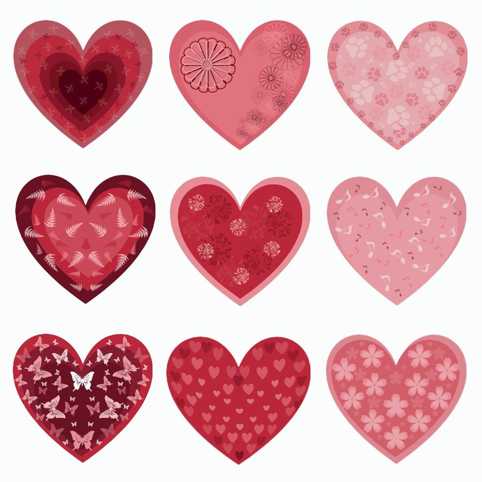 conjunto de corazones rojos y rosas con motivos románticos. ilustración jpeg para telas, textiles, empaques, regalos, tarjetas, ropa de cama, estampados, diseño de productos, álbumes de recortes. vector