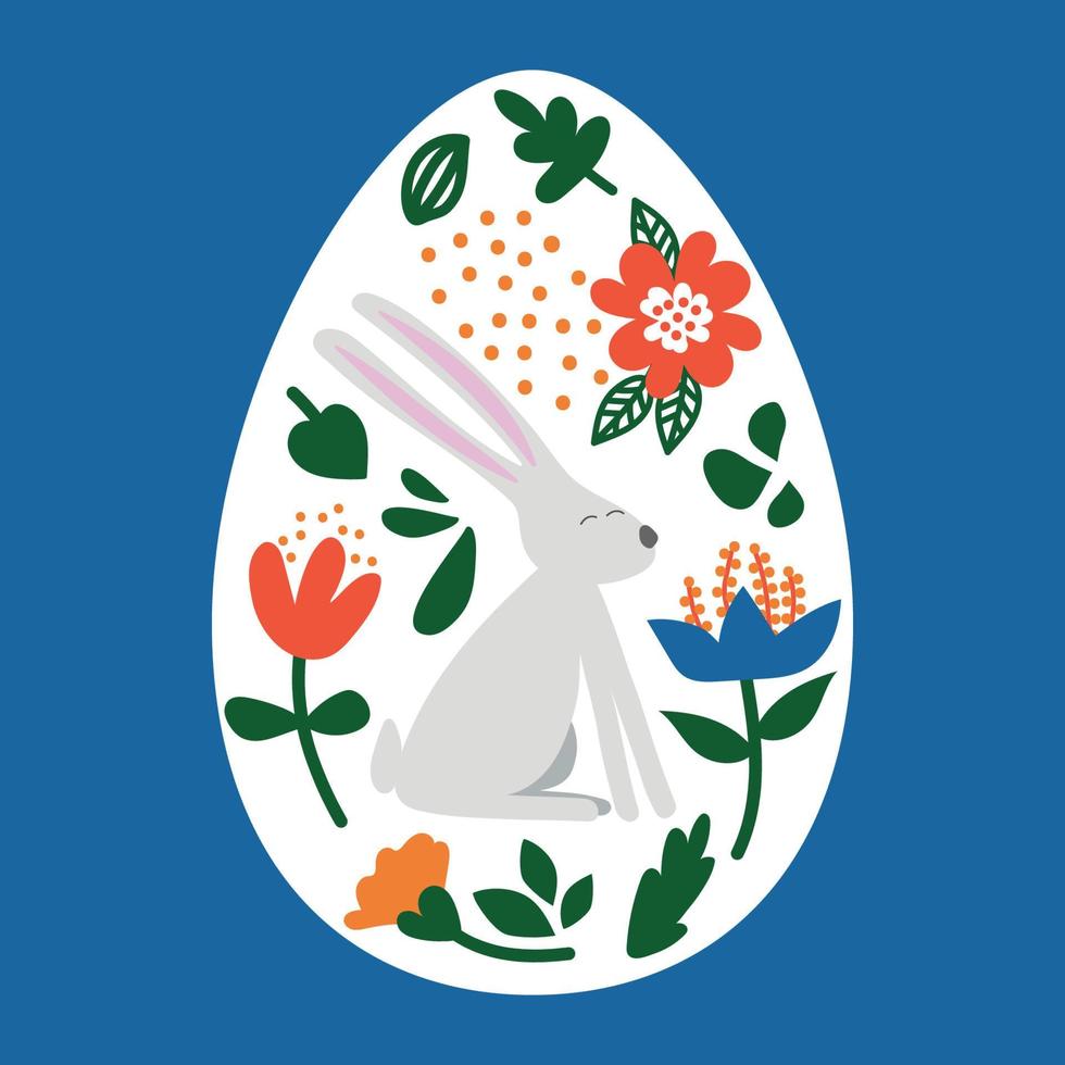 White Easter egg painted with flowers and bunnies on a blue background. Festive clip art vector