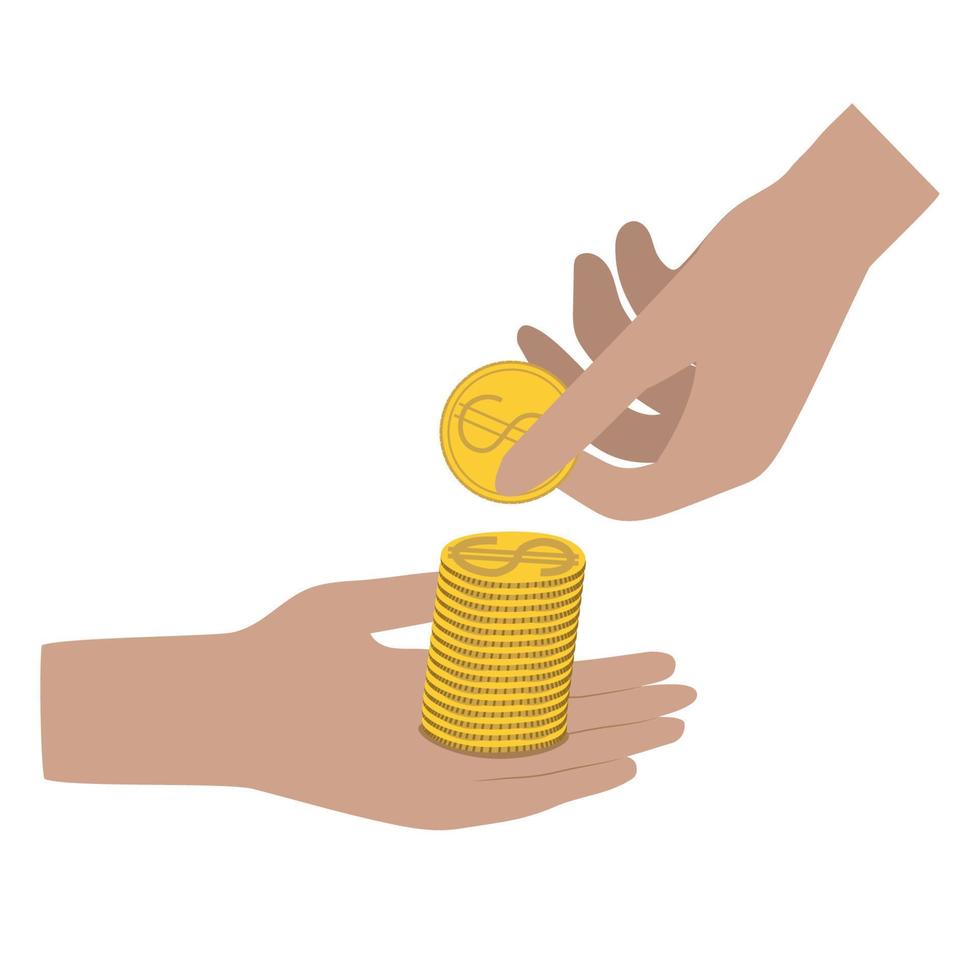 A hand passing a golden dollar coin into the hand. Hands counting cents. Finance. vector