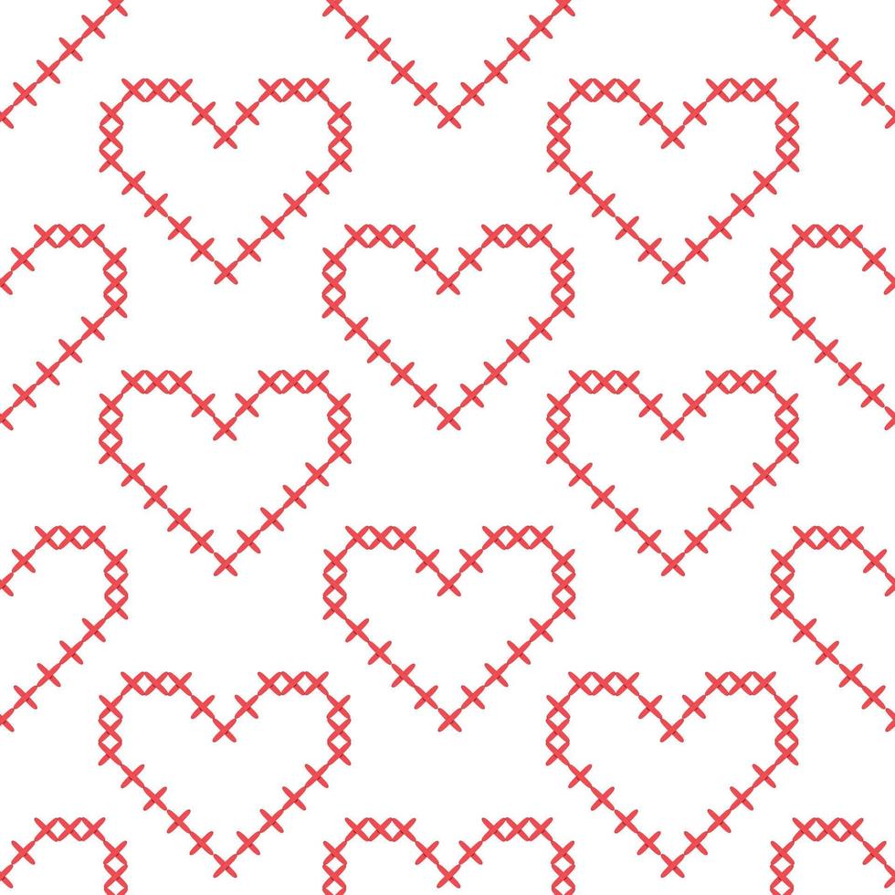 Seamless pattern with red cross stitch hearts embroidered on a white background. Needlework vector illustration. Valentines day