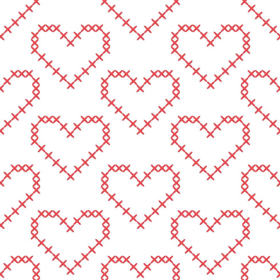 Seamless pattern with red cross stitch hearts embroidered on a white background. Needlework vector illustration. Valentines day