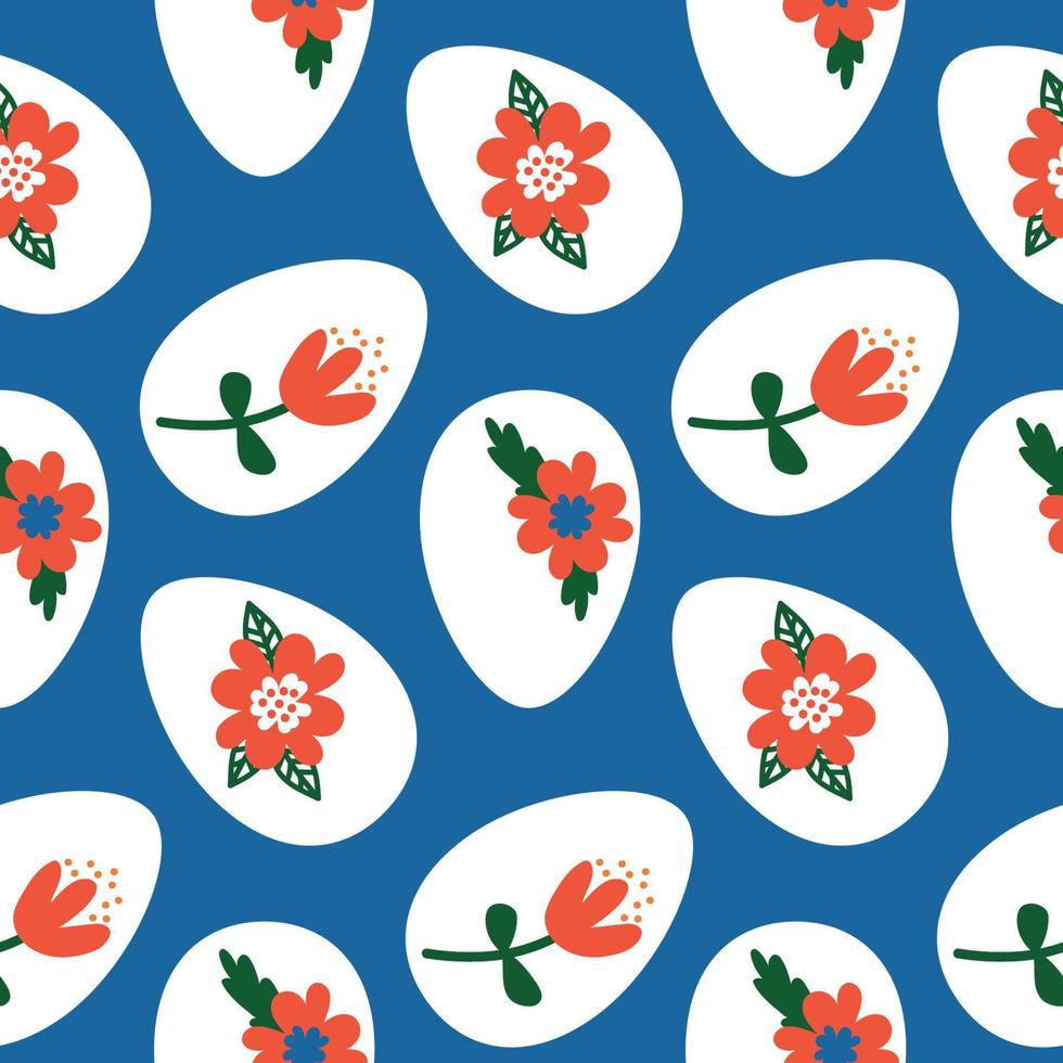 Seamless pattern with white painted Easter eggs on a blue background. Drawings of flowers on eggs vector