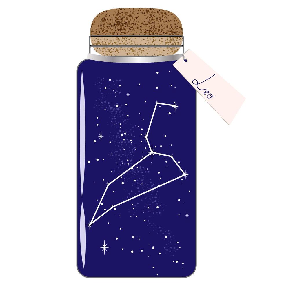 Glass jar with zodiac constellations. Leo on the night sky. Collect moments. Jar with tag for horoscope vector