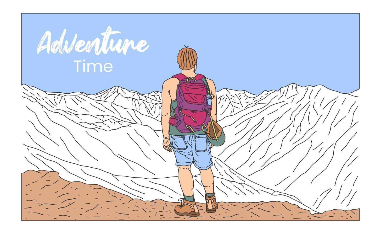 Young hiker is looking at the mountain view vector