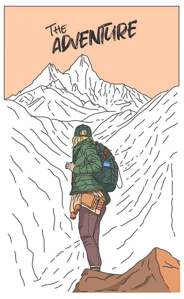 Landscape with tourist or hiker character standing on cliff vector