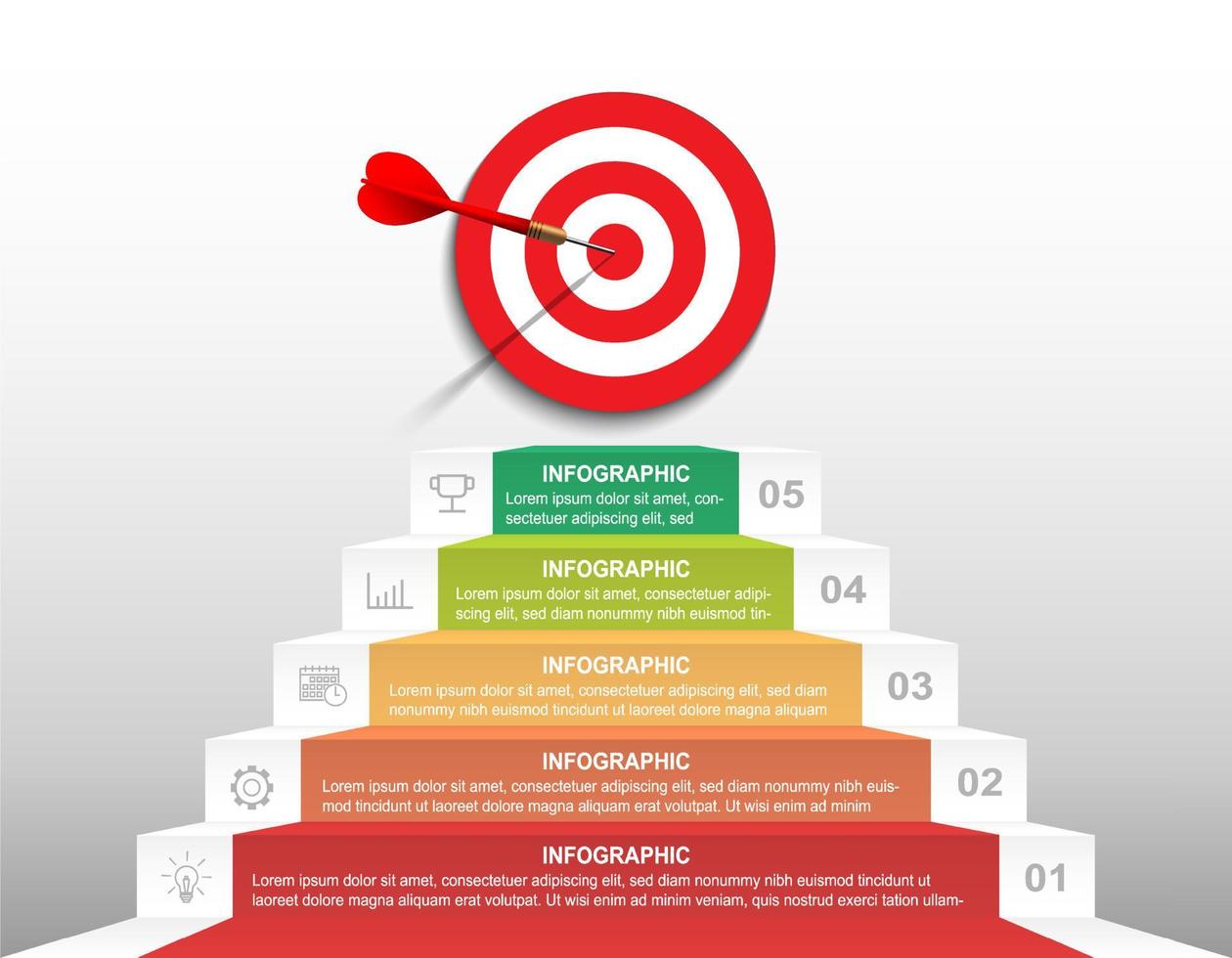 Five stair step up to target dartboard. Infographic template. Timeline or option with number. Business presentation, target goal report, planing, information option, diagram layout vector