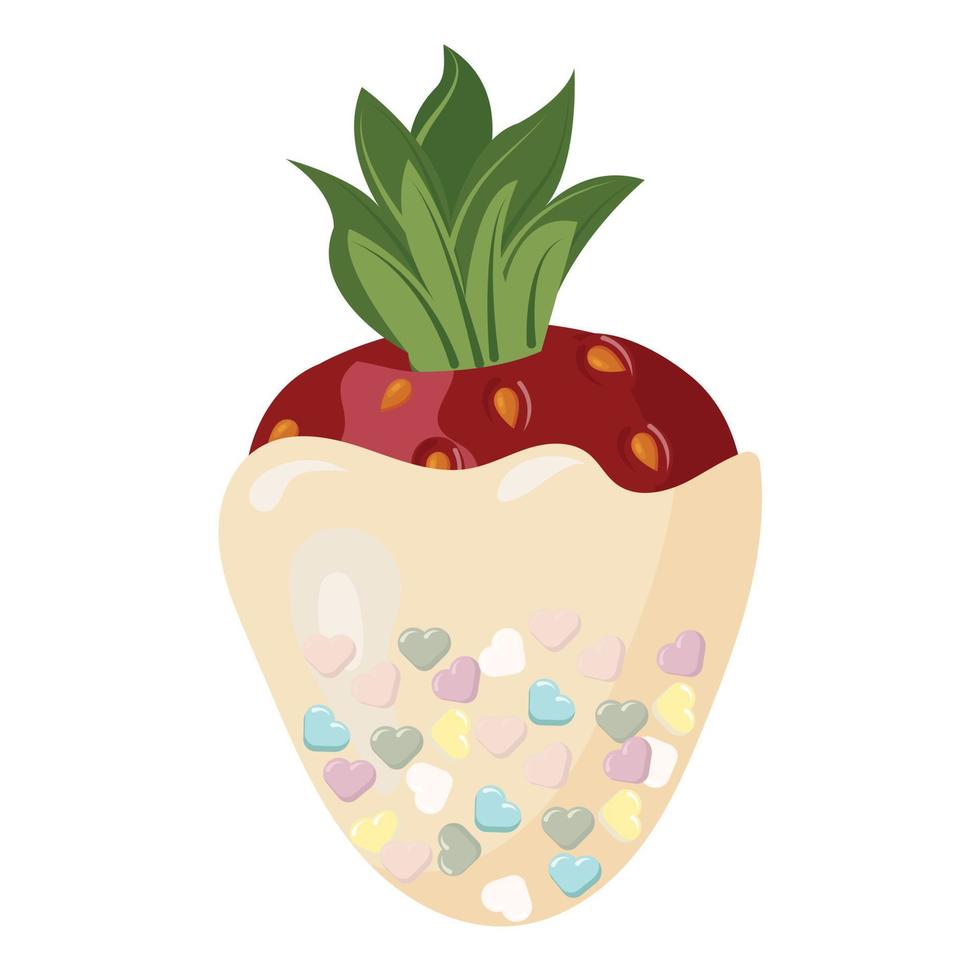 fresas en chocolate blanco, decoradas con chispas multicolores en forma de corazones. ilustración vectorial aislado sobre fondo blanco. vector