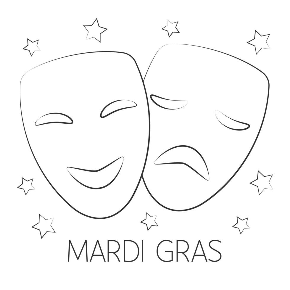 Mardi Gras comedy and tragedy masks. carnival symbol. Monochrome vector illustration. Isolated on white. Childrens coloring book.