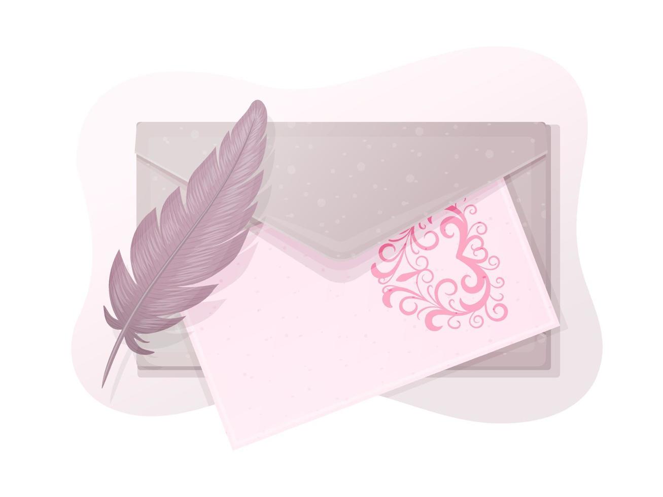 Love letter. card with paper envelope and red feather. Vector illustration.