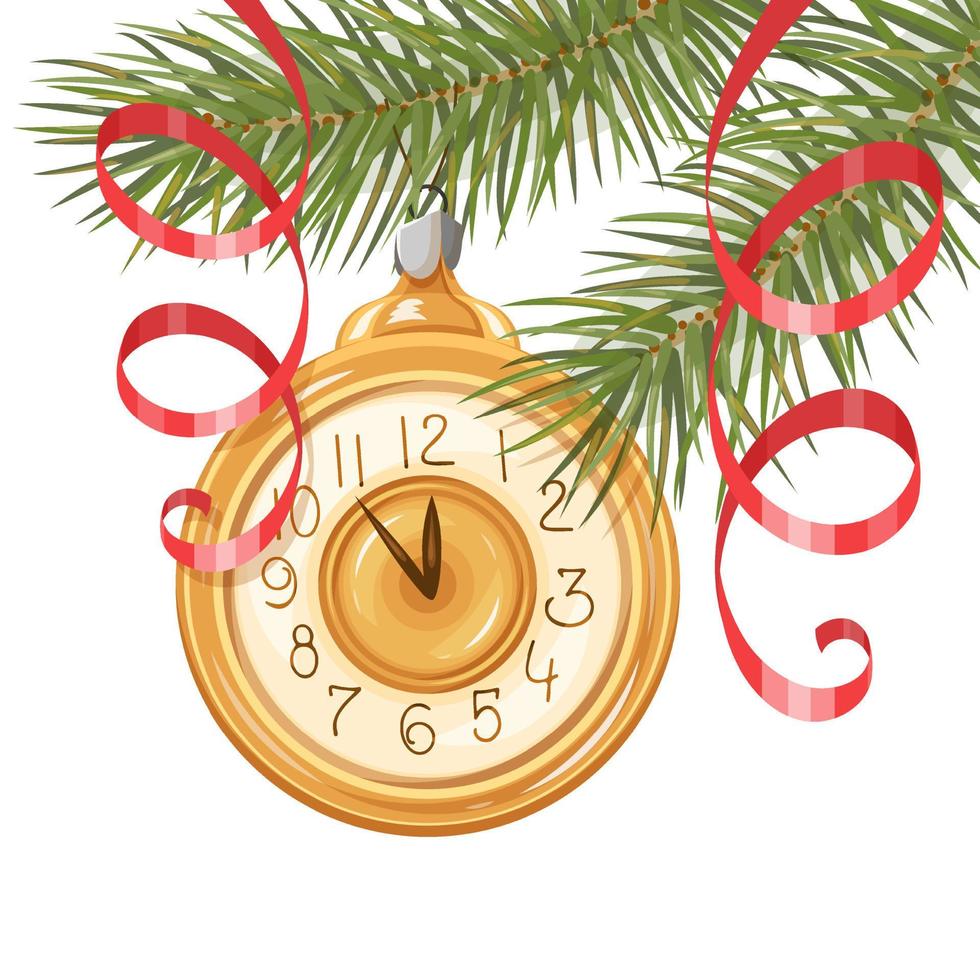 Winter banner. Christmas tree branches with a Christmas tree toy in the form of a clock. New Year. Template for the design. Vector illustration