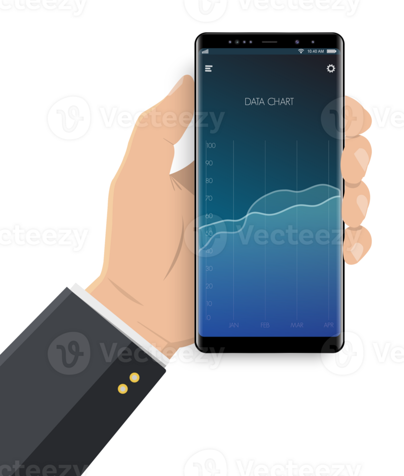 Hand holds smartphone. Market trend analysis on smartphone with line chart and graphs png