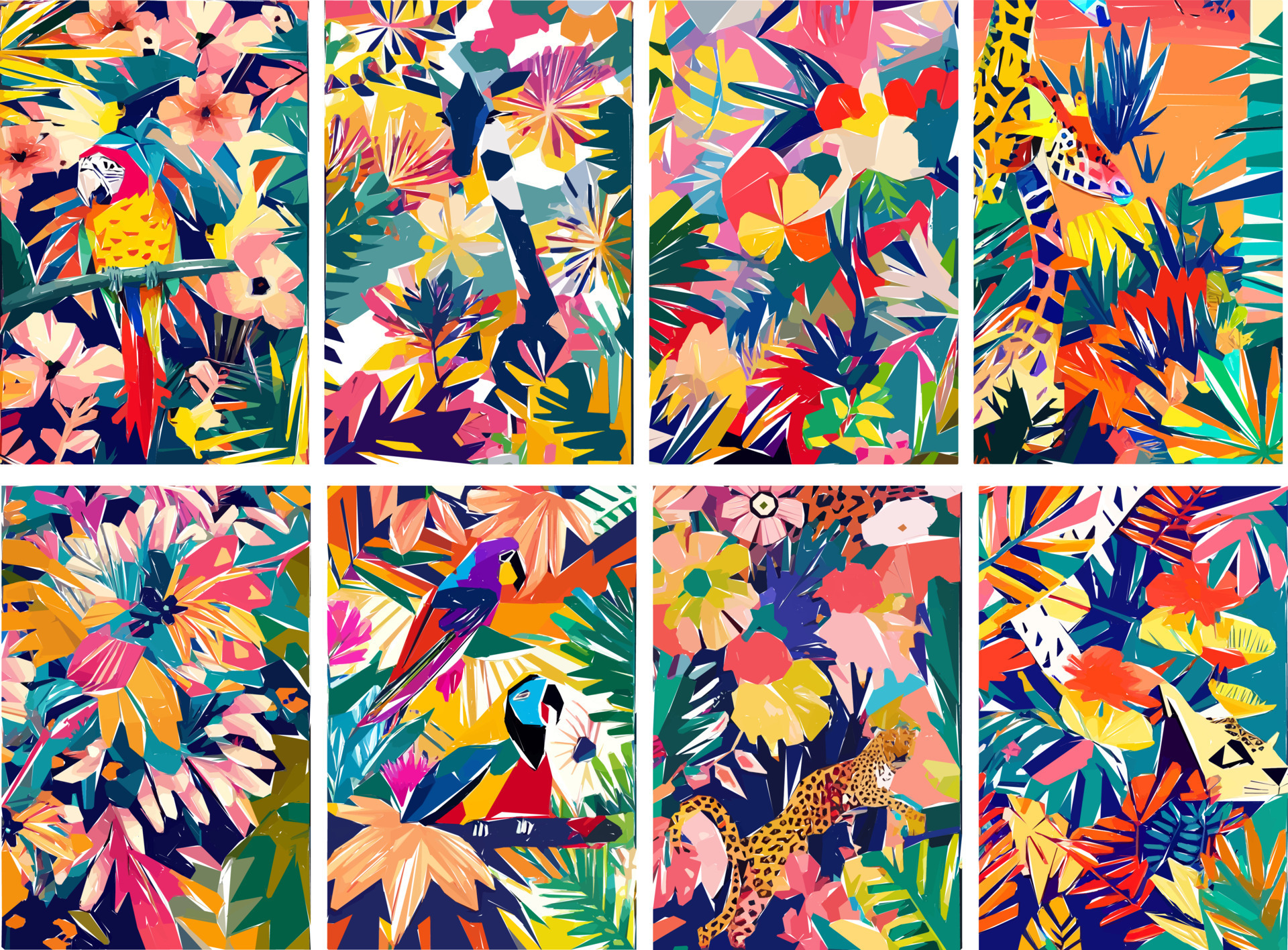 Colorful Safari Jungle with tropical leaves, animals, birds and exotic  flowers. Vector illustration. 19552235 Vector Art at Vecteezy