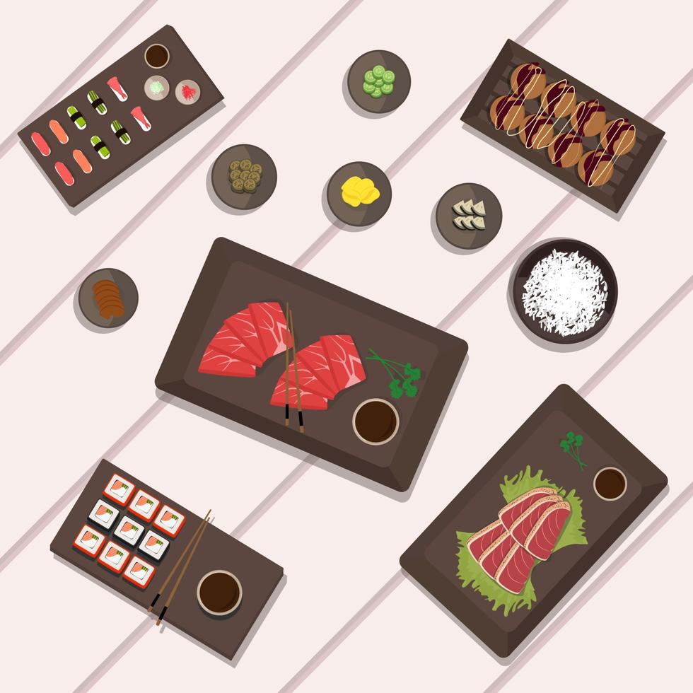 Food of Japanese national cuisine takoyaki salmon steak, sushi and takoyaki, seasonings and rice, as well as shabu-shabu. Vector illustration