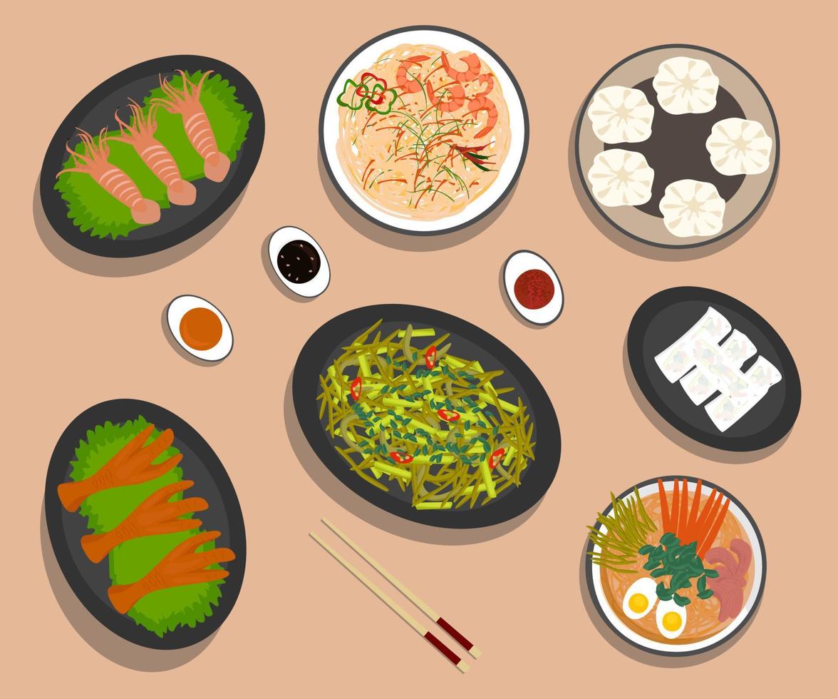 Chinese national cuisine, shrimp noodles, dumplings, noodle soup, fried chicken legs, fried octopus, fried beans and pancakes with vegetables. Vector illustration.