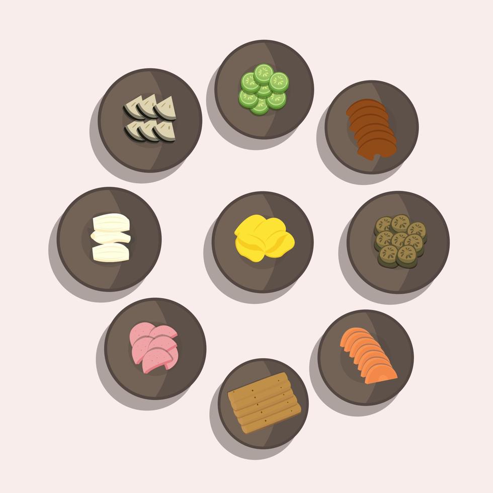 Japanese national cuisine. Tsukemono pickled vegetables. Vector illustration.