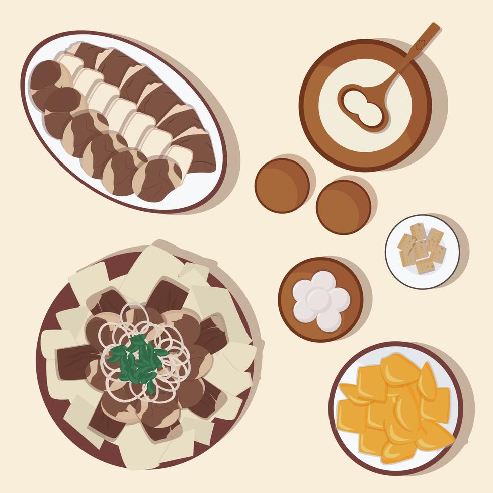 Vector set of national kazakh cuisine, dishes. Beshbarmak, baursak and qurt, kumis and irimshik