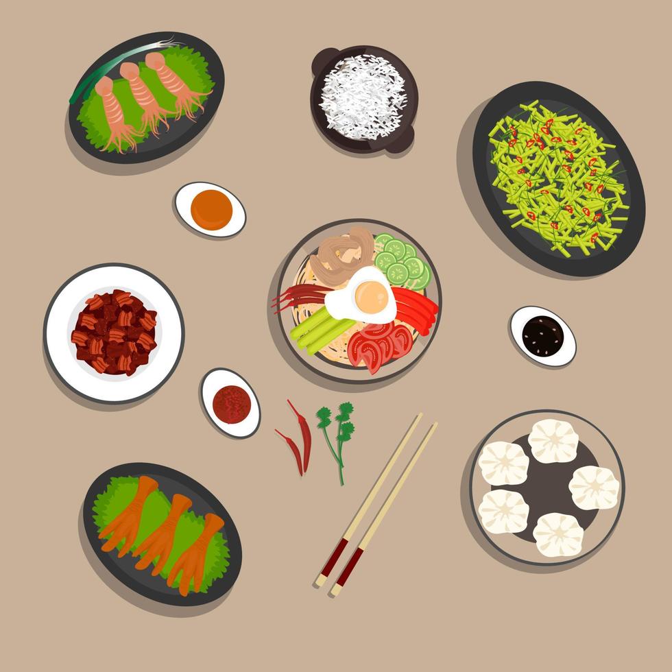 Chinese national cuisine, fried beans, soup with noodles, meat in sweet and sour sauce, chicken legs, melmeni, rice. Vector illustration.