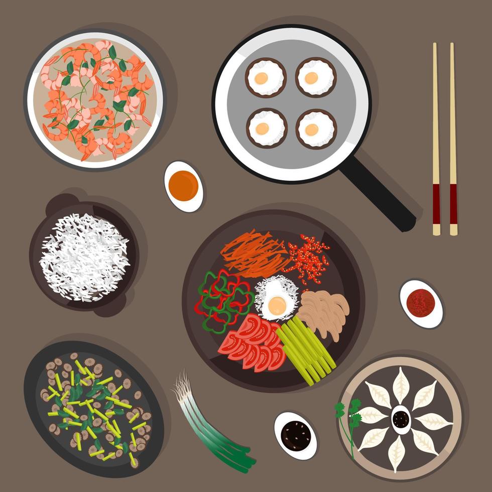 Chinese national cuisine, mushrooms with eggs, shrimp with vegetables, dumplings, rice, fried beans, vegetable cuts. Vector illustration.