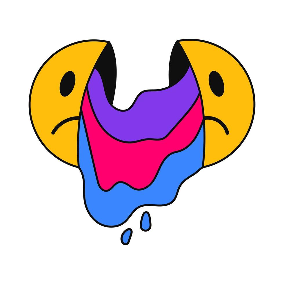 Sad spreading emoticon in a trendy 80-90s style. Cartoon vector acid psychedelic illustration isolated on white background, suitable for printing.