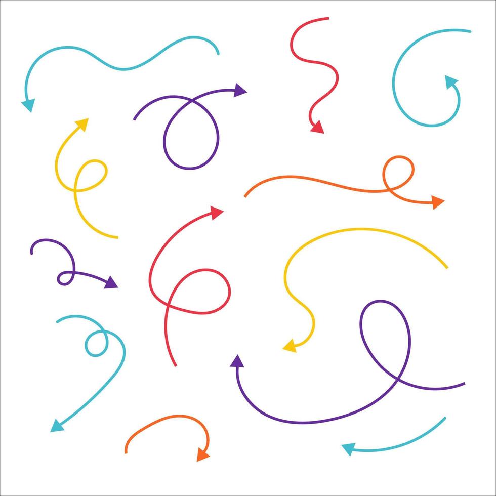 Set of vector handmade curved insoles. Multi-colored arrows on a white background. Doodle.