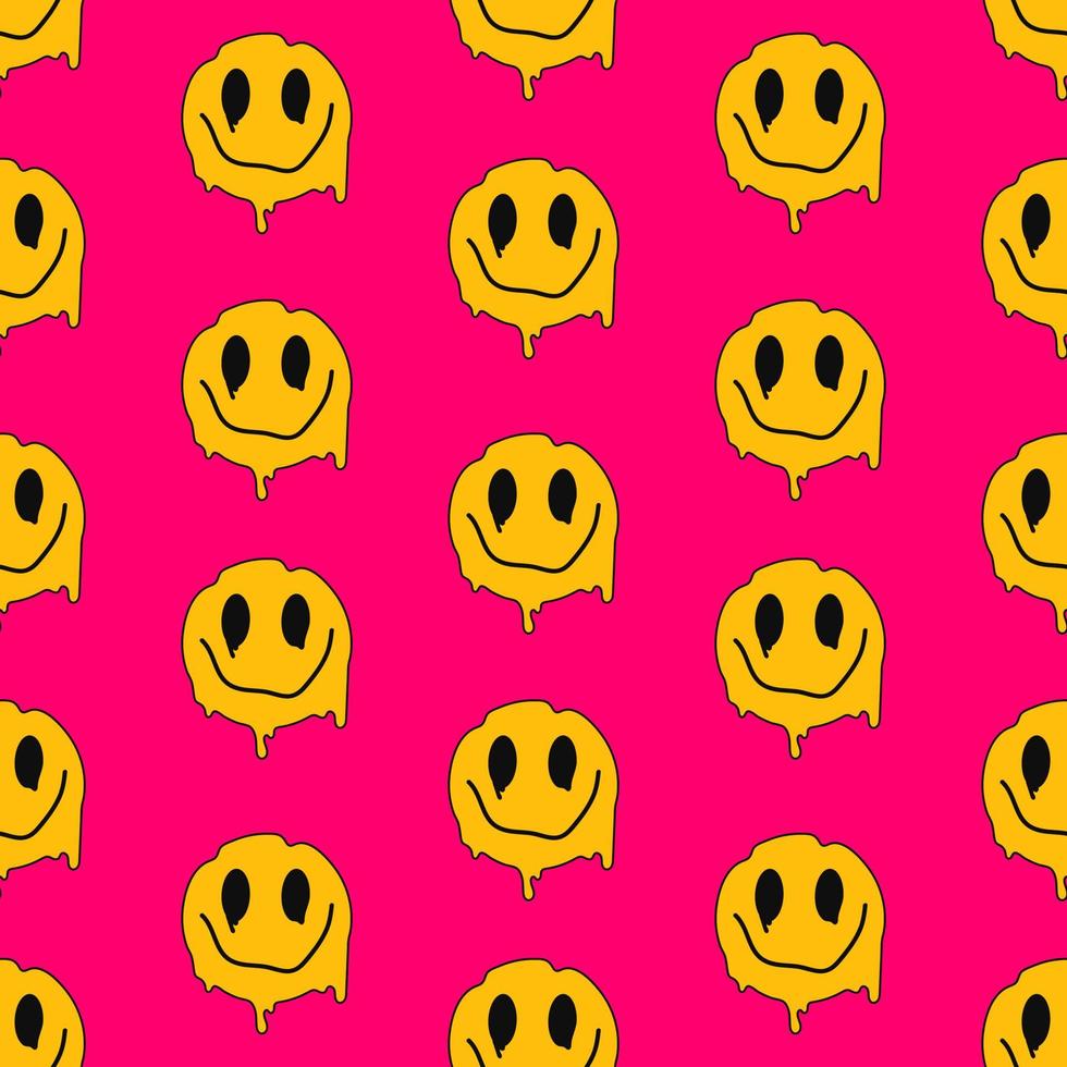 feliz esparciendo emoticono sobre un fondo rosa. patrón de vecor sin fisuras en el estilo moderno de los años 80-90, elementos psicodélicos ácidos. vector