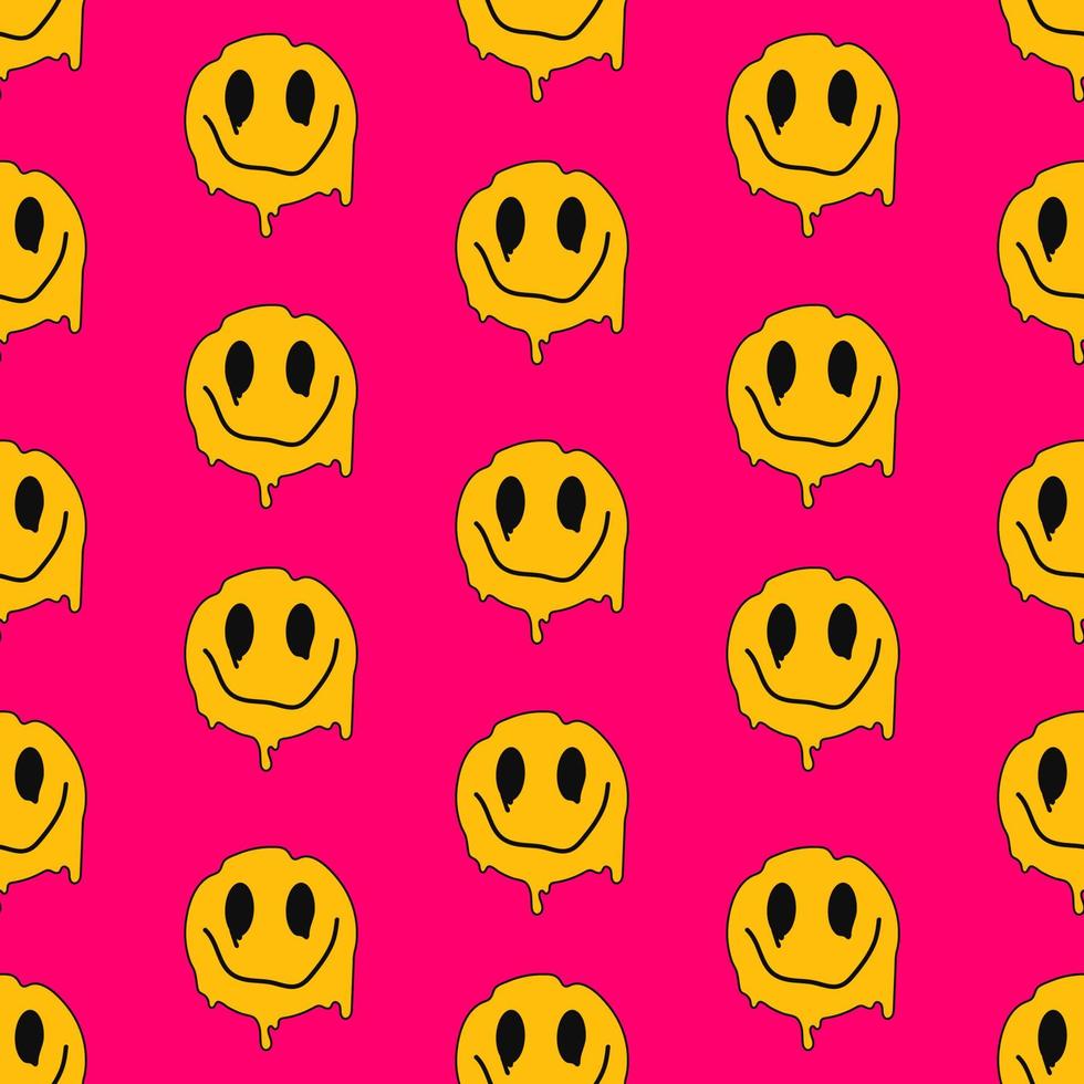 Happy spreading emoticon on a pink background. Seamless vecor pattern in 80s-90s trendy style, acidic psychedelic elements. vector