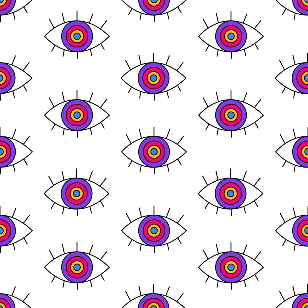 Seamless pattern in trendy 80s-90s style. Colored cartoon eyes on a white background, acid psychedelic. vector