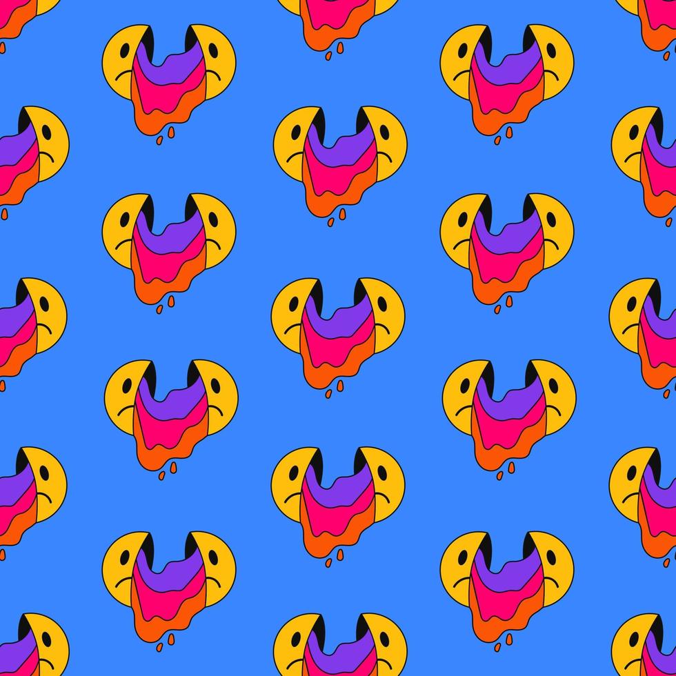 Seamless pattern sad dripping emoticon on a blue background. Vector illustration in 80s-90s trendy style.