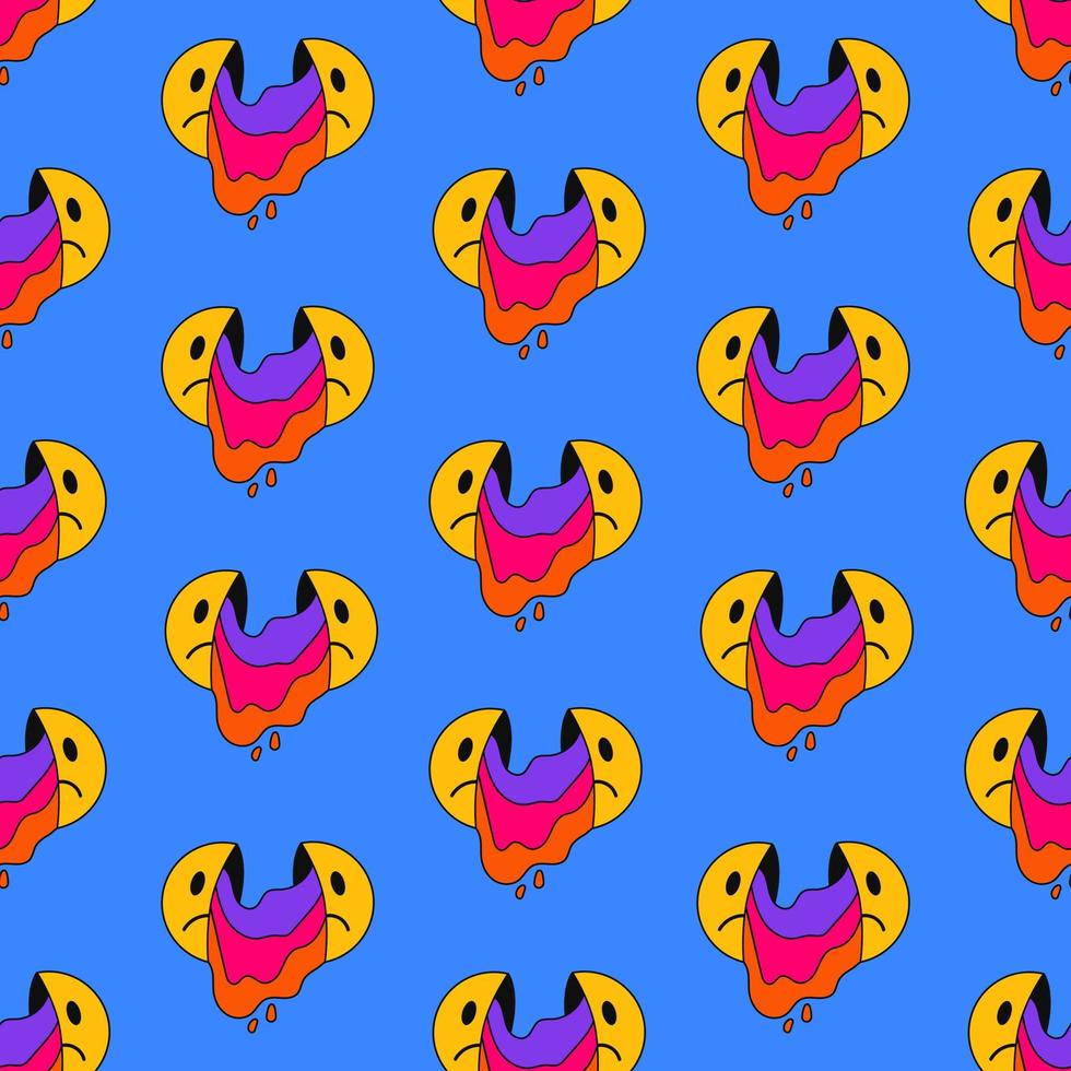 Seamless pattern sad dripping emoticon on a blue background. Vector illustration in 80s-90s trendy style.