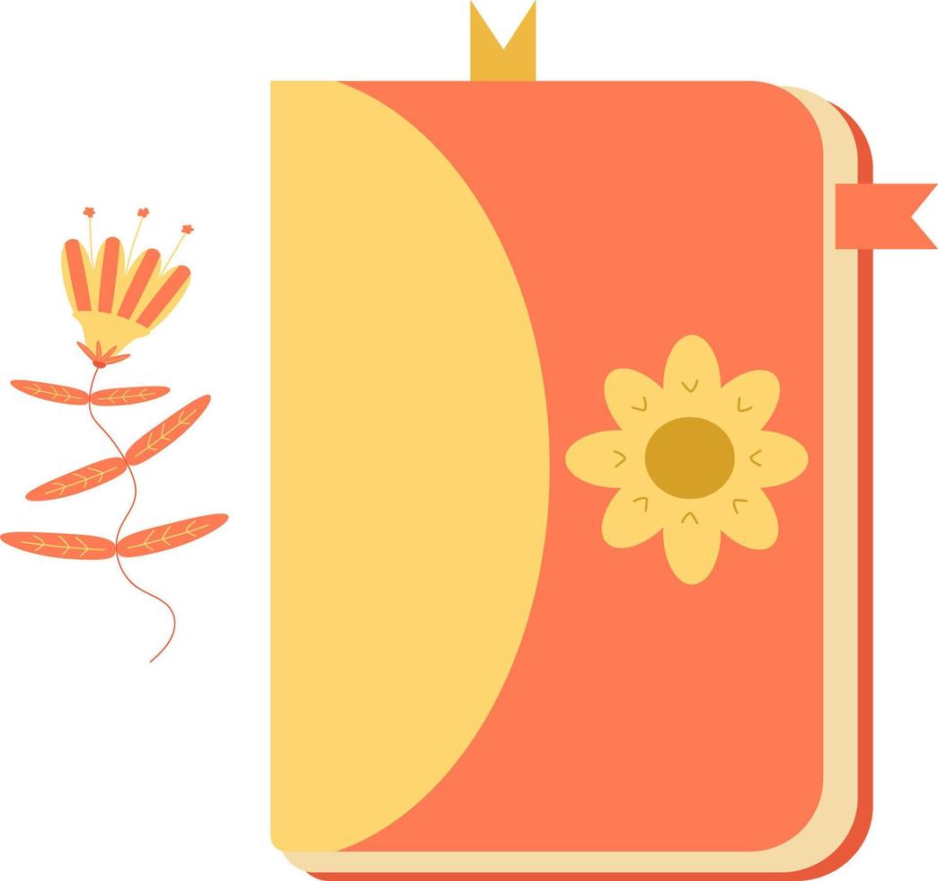 Bright orange notebook with a daisy print in a composition with a flower vector