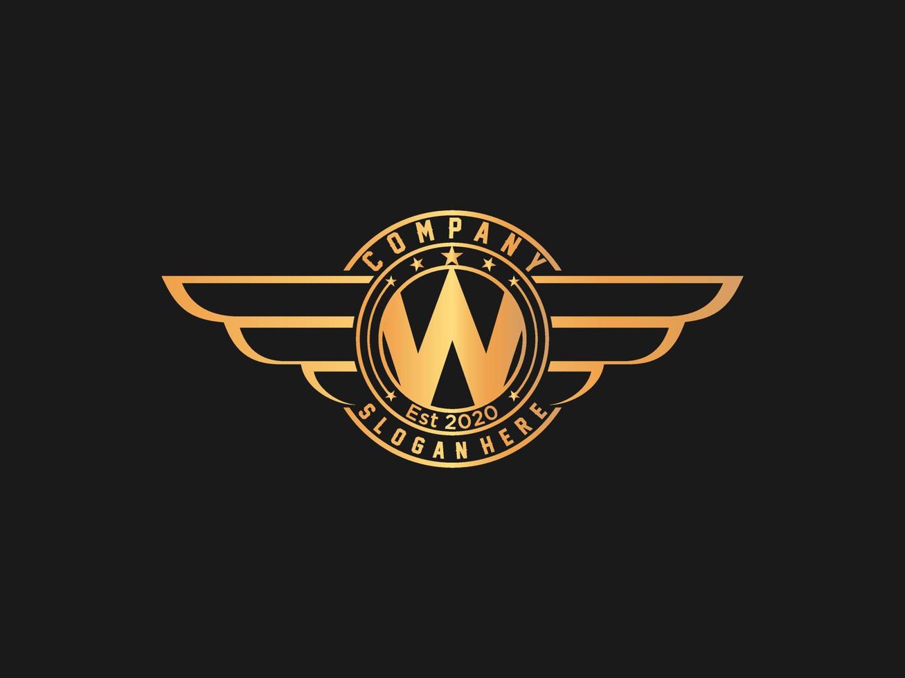 Retro Gold wings badge with letter W . vintage logo vector design element