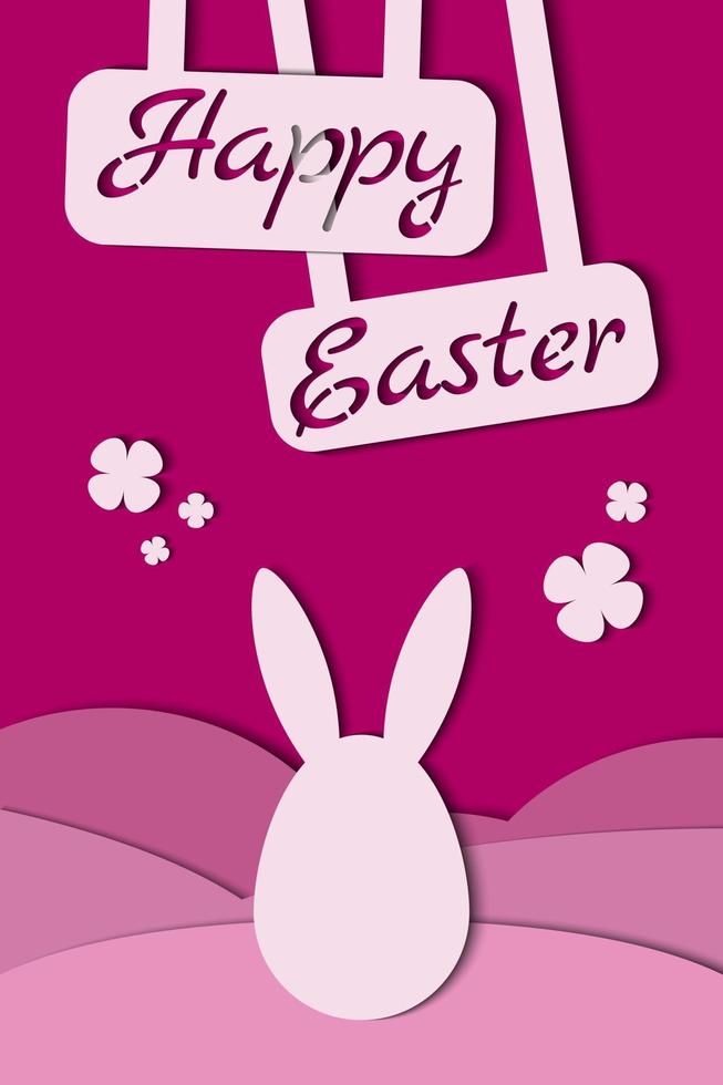 Happy easter card with bunny. Greeting Card in paper cutout style. Vector illustration in pink color