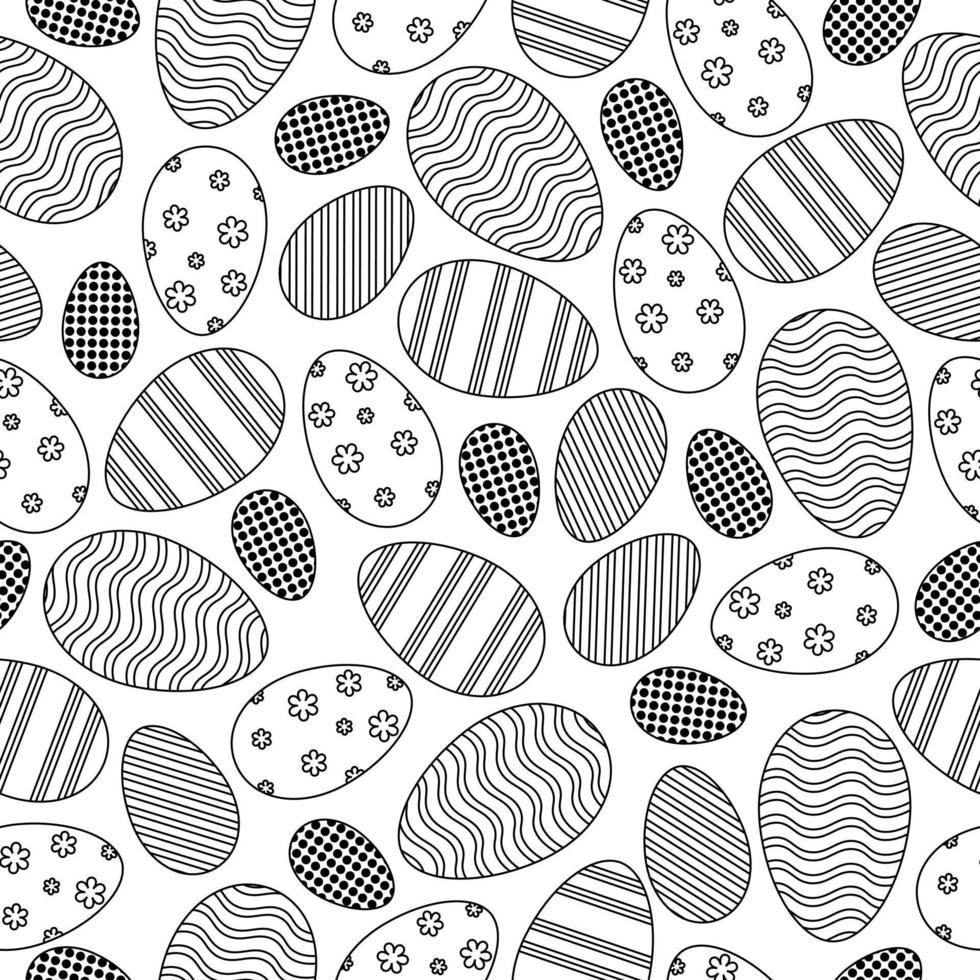 Seamless vector pattern. Black contour eggs on a white background. Simple monochrome Easter illustration.