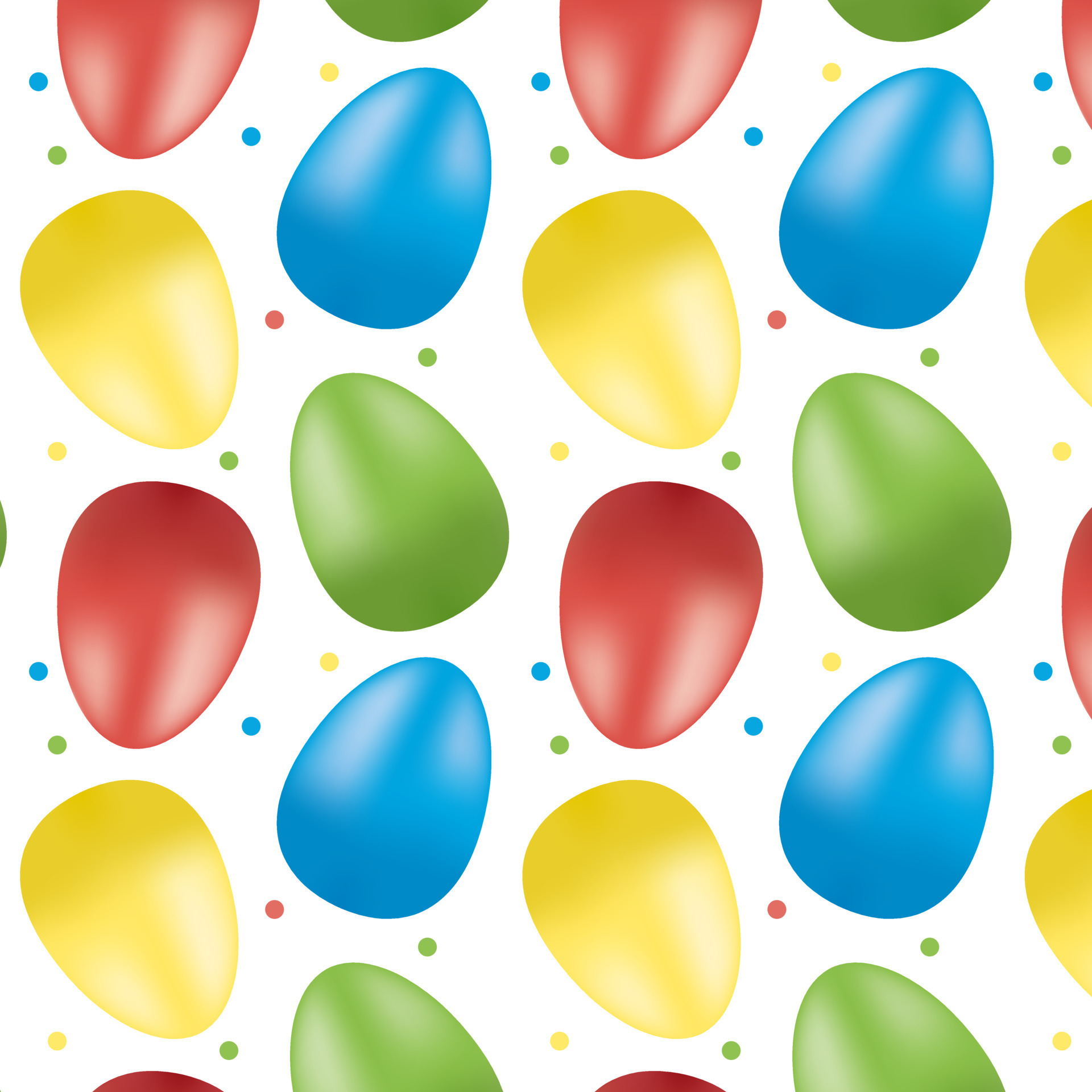 Repeating pattern of colorful Easter eggs and dots on white background