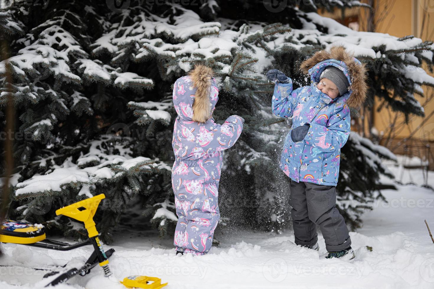 Children play outdoors in snow. Two little sisters near Christmas tree in winter. photo