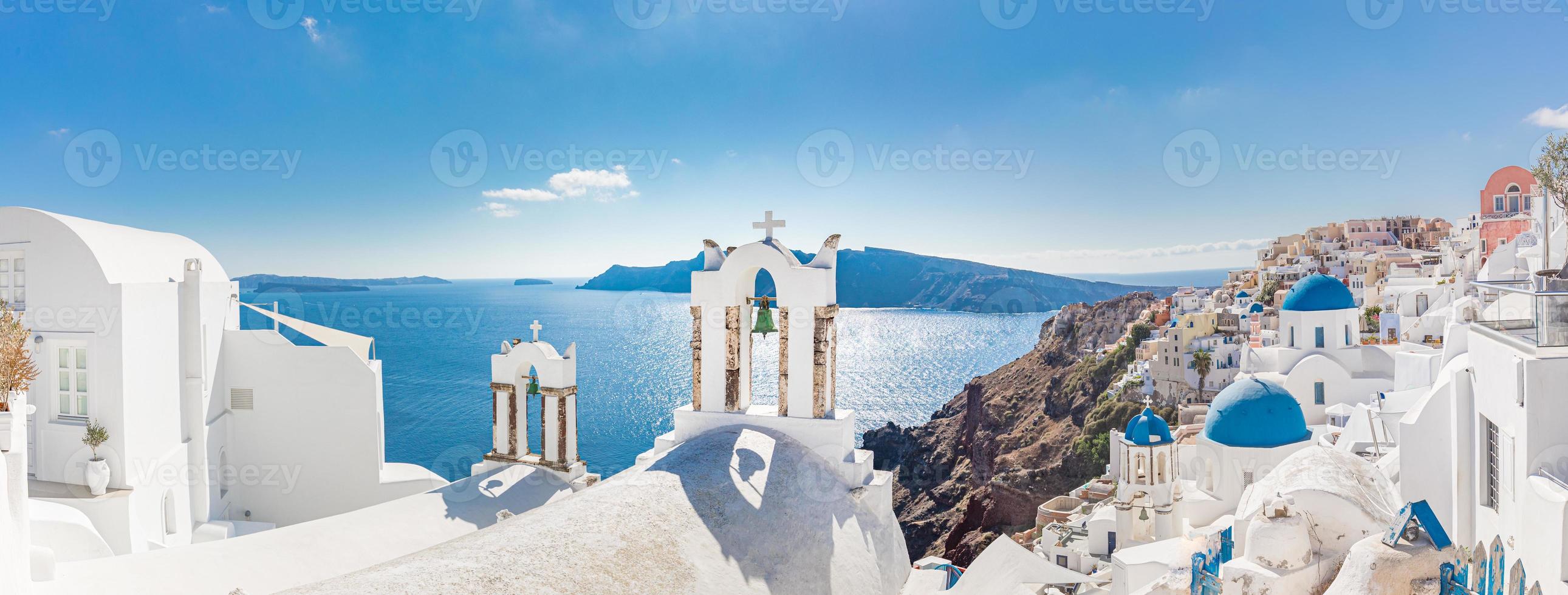 Beautiful panorama landscape with sea view. Europe summer travel vacation Oia, Santorini, Greece island. Carefree tourism scenery European destination. White architecture on Santorini island, Greece photo