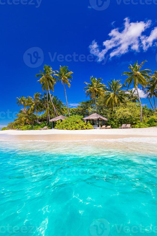 paisaje tropical prístino. isla exótica bahía de mar azul, palmeras, playa de arena. naturaleza tranquila, cielo soleado, fondo de viaje idílico. hermoso increíble vacaciones escénico verano relajarse paraíso turismo foto