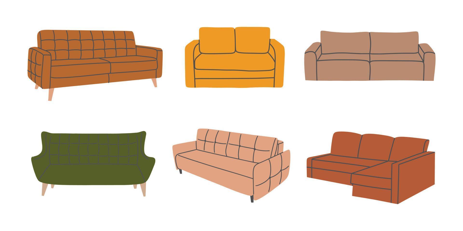 Set of various trendy colorful couches. Soft furniture collection for interior design and decoration. Hand drawn vector illustration isolated on white background