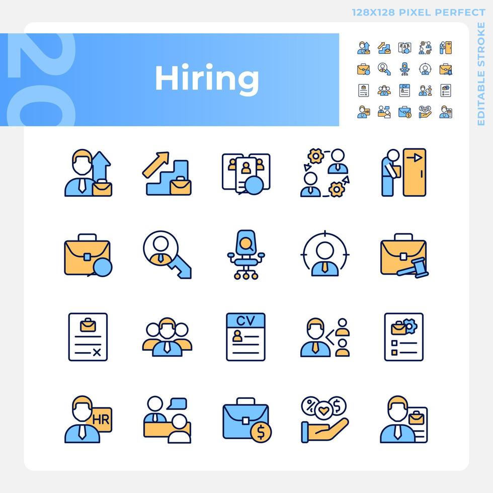 Hiring pixel perfect RGB color icons set. Recruitment process. Company employee. Apply for position. Career. Isolated vector illustrations. Simple filled line drawings collection. Editable stroke