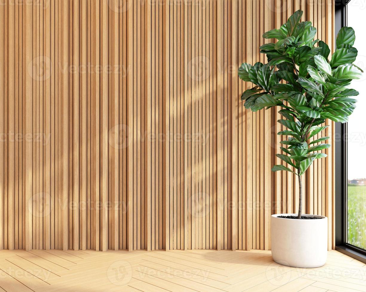 Scandinavian empty room with wood pattern wall and indoor green plants. 3d rendering photo