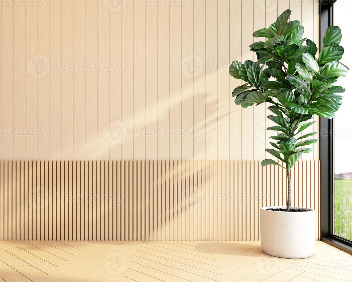 Japan style empty room with wood pattern wall and indoor green plants. 3d rendering photo