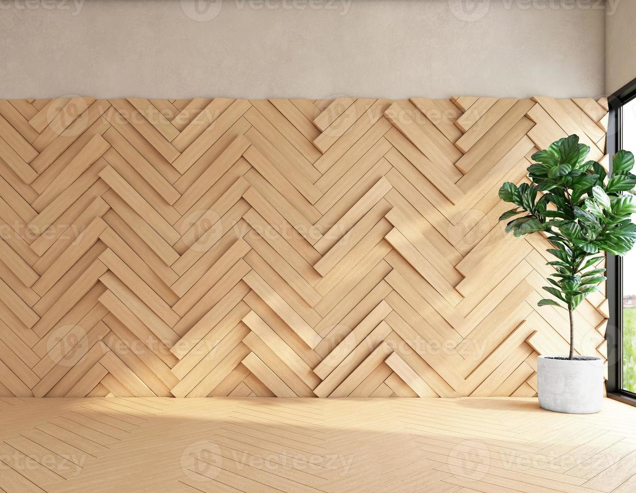 Scandinavian empty room with wood pattern wall and indoor green plants. 3d rendering photo