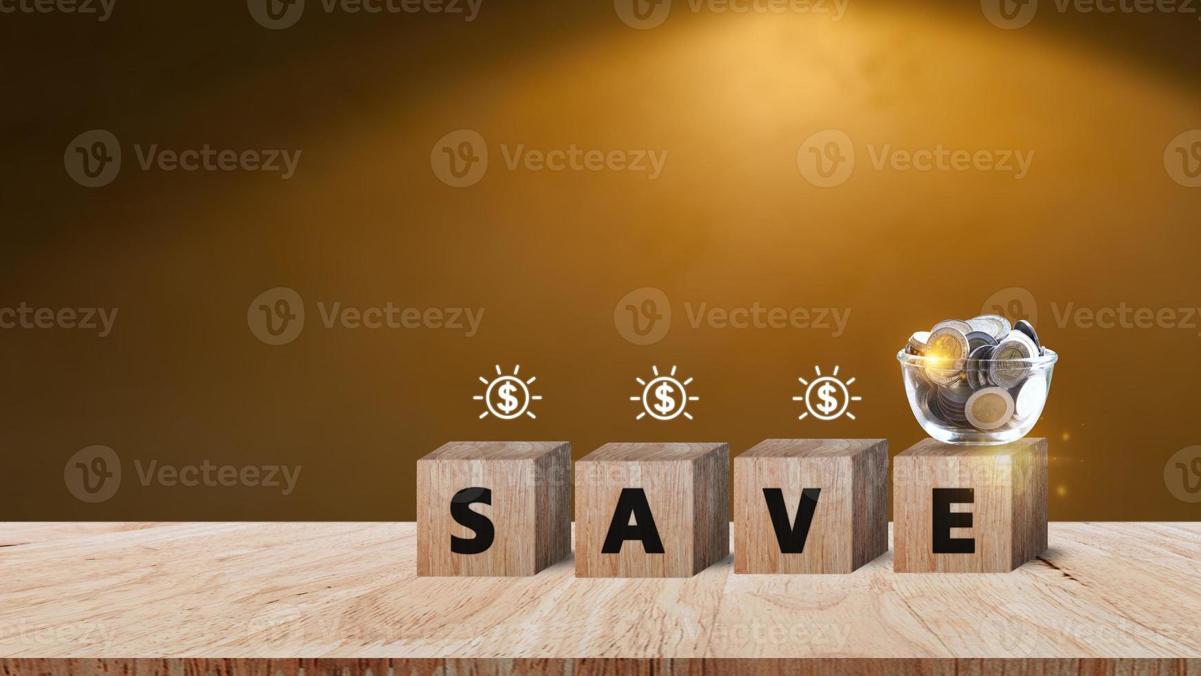 Wooden blocks with words save money Coins for investment loan planned future concept. saving, charity, family finance plan concept, fundraising, superannuation, financial crisis concept photo