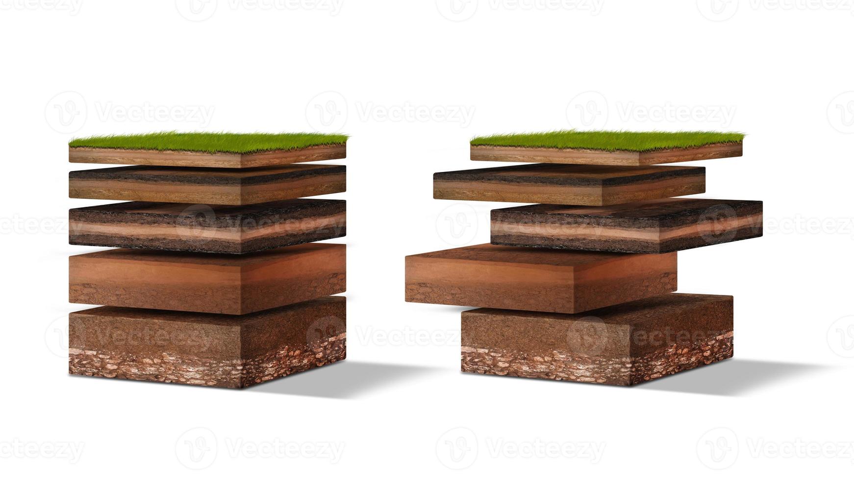 Isometric Soil Layers diagram, Cross section of green grass and underground soil layers beneath, stratum of organic, minerals, sand, clay, Isometric soil layers isolated on white photo