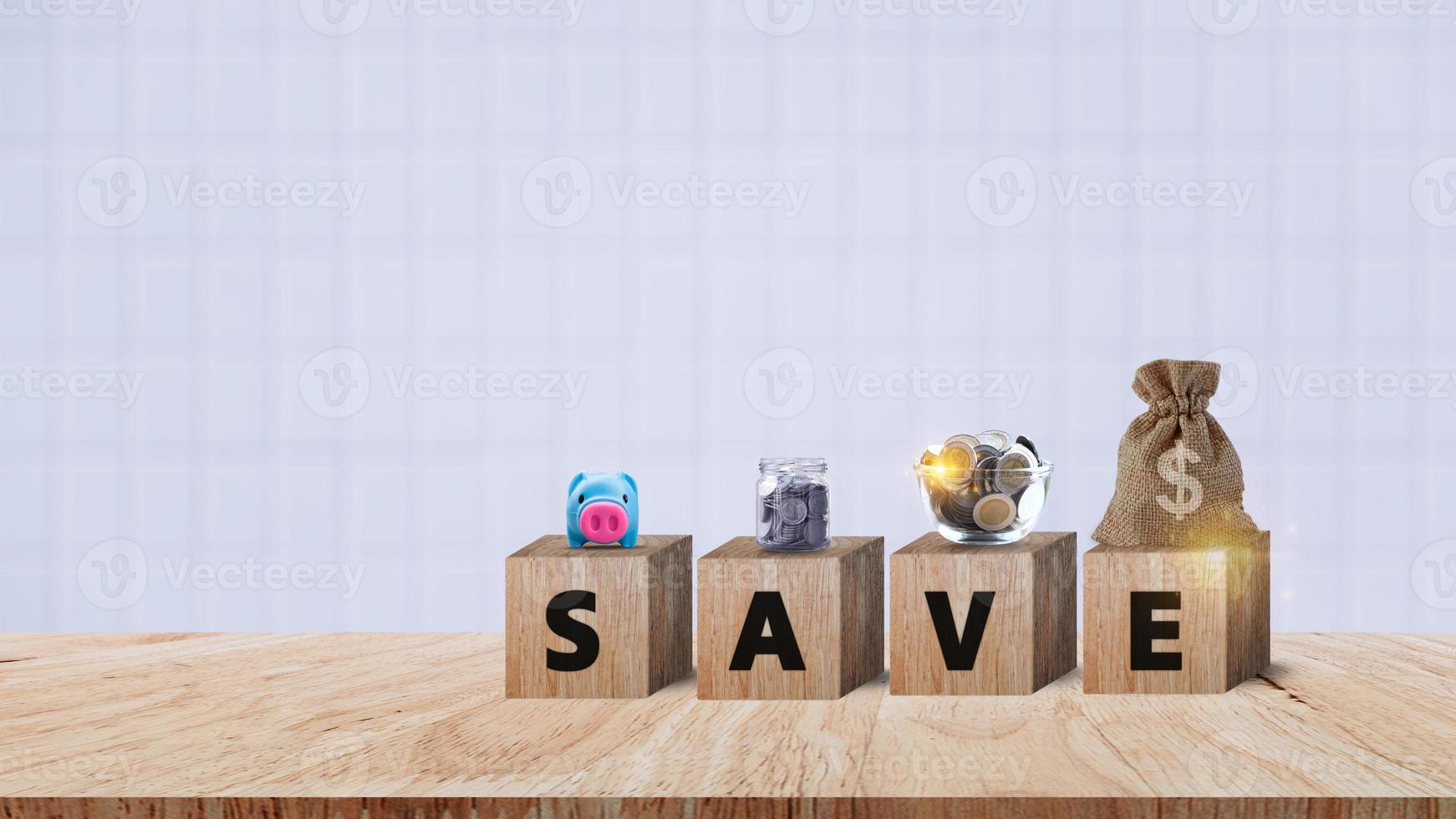 Wooden blocks with words save and money bag with Coins for investment loan planned future concept. saving, charity, family finance plan concept, fundraising, superannuation, financial crisis concept photo