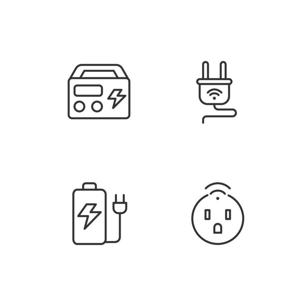 Electric devices pixel perfect linear icons set. Smart socket and plug. Portable generator and battery. Customizable thin line symbols. Isolated vector outline illustrations. Editable stroke